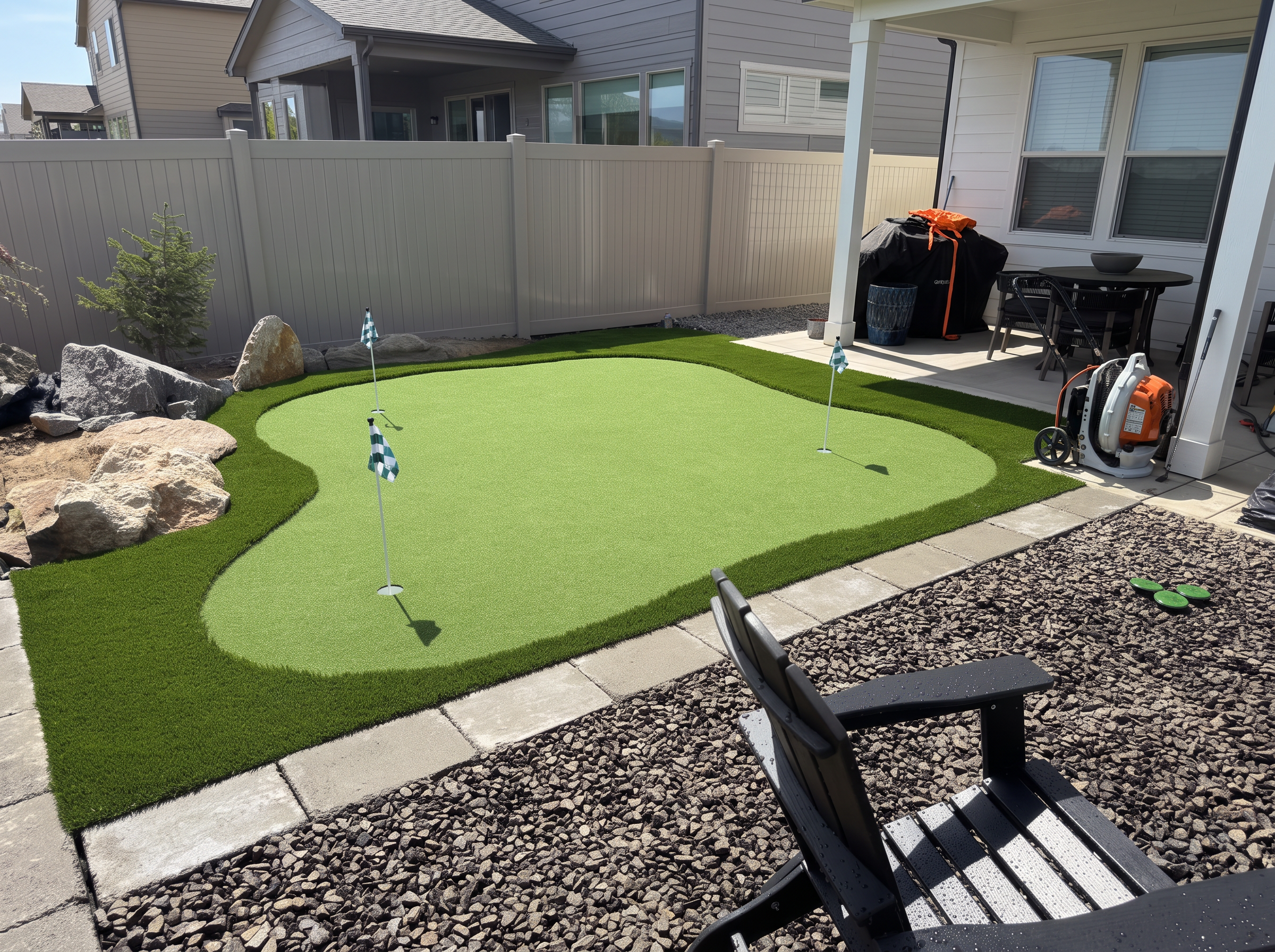 Custom backyard putting green with three practice holes