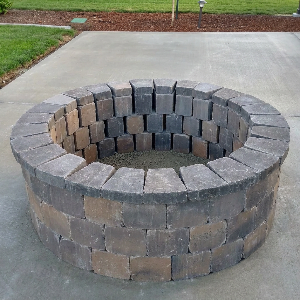 Stone fire pit under construction