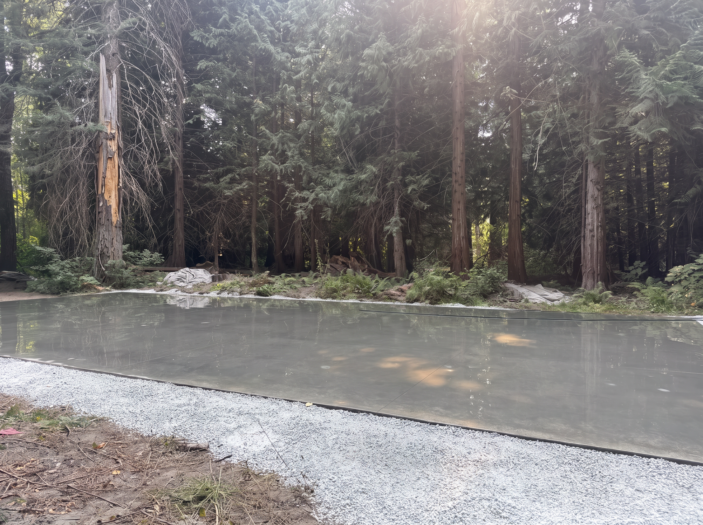 Freshly poured concrete slab on a wooded lot