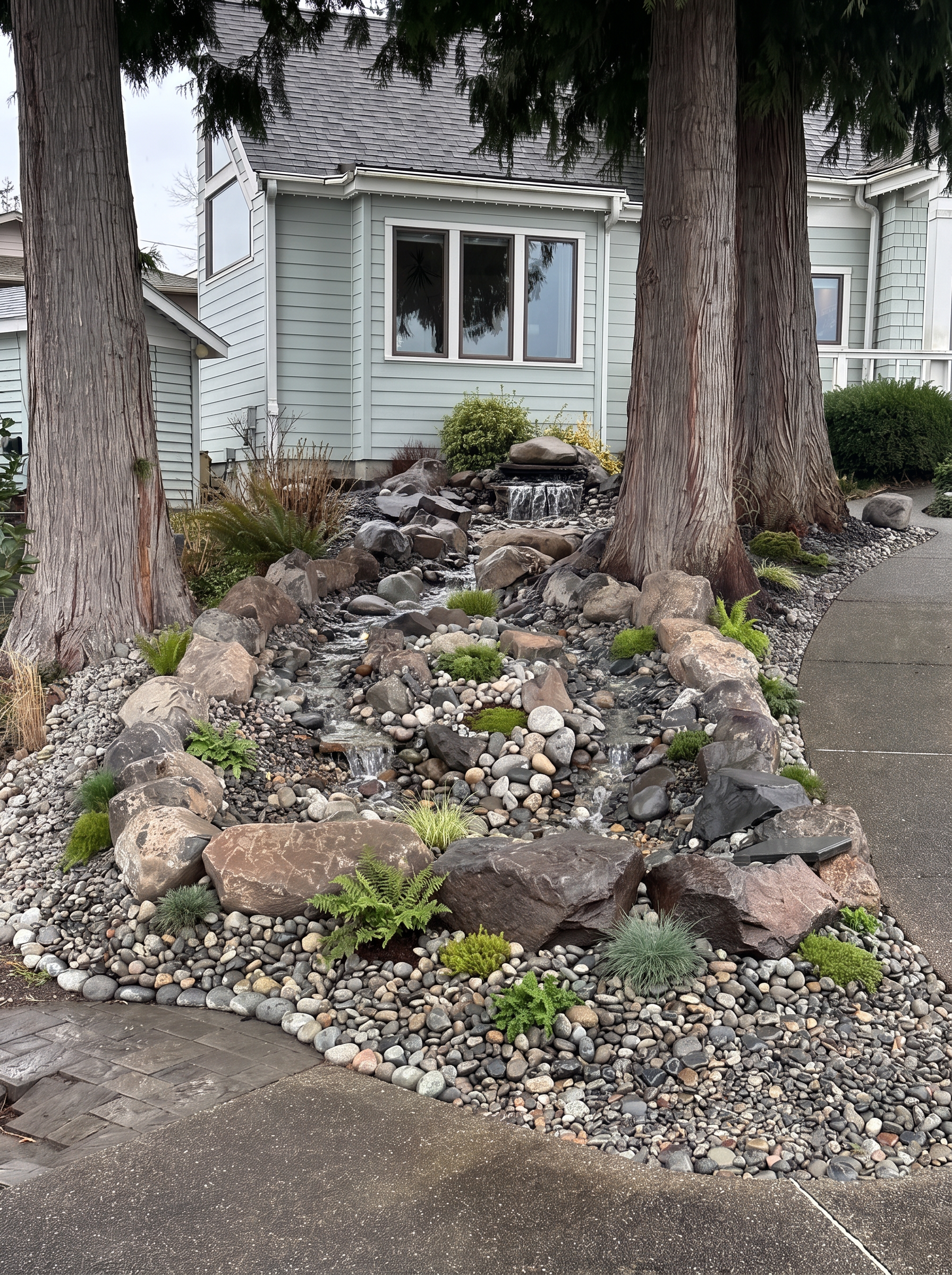 Landscaped rock garden and stream under mature cedars