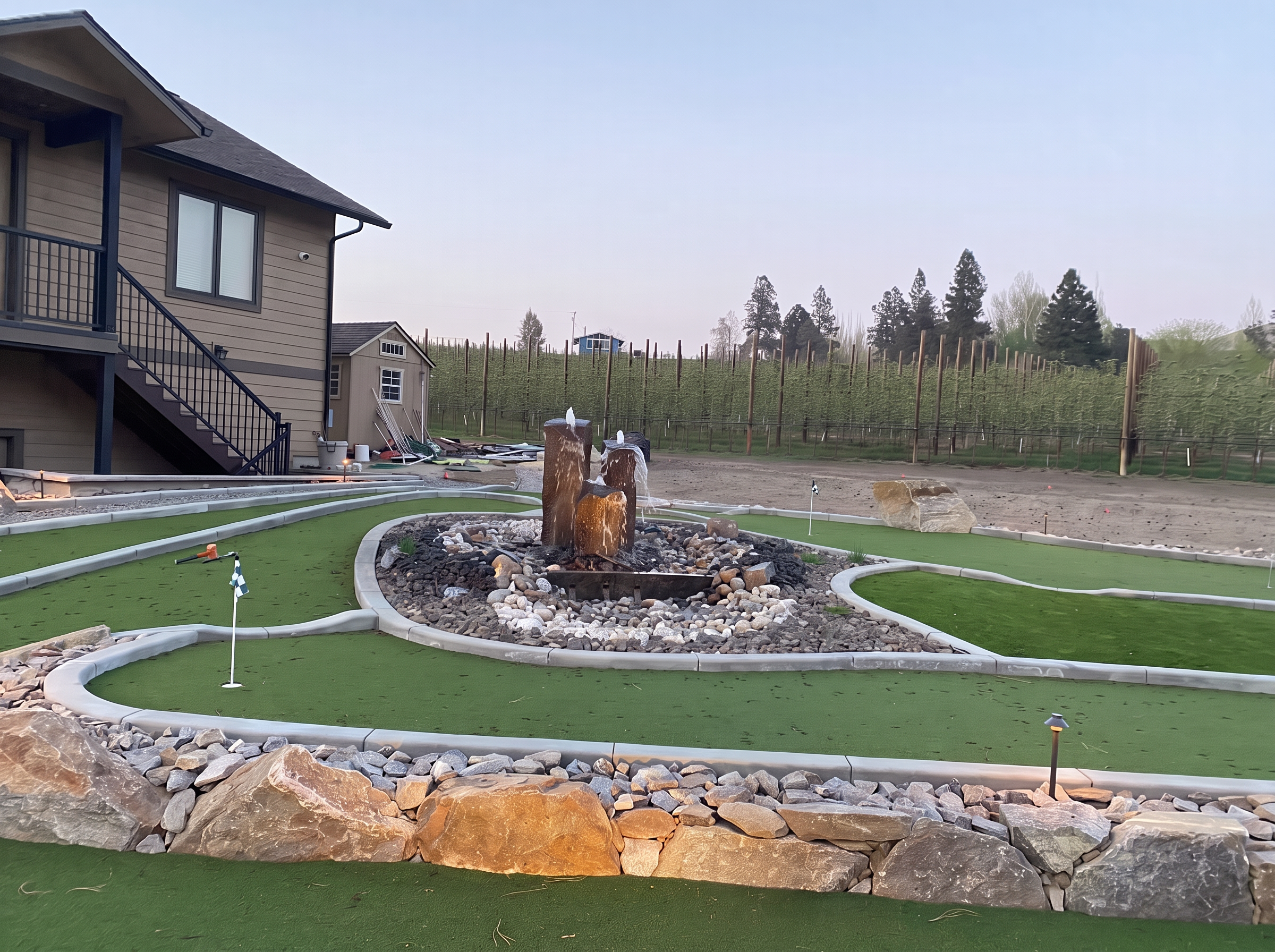 Custom backyard putting course with natural rock walls