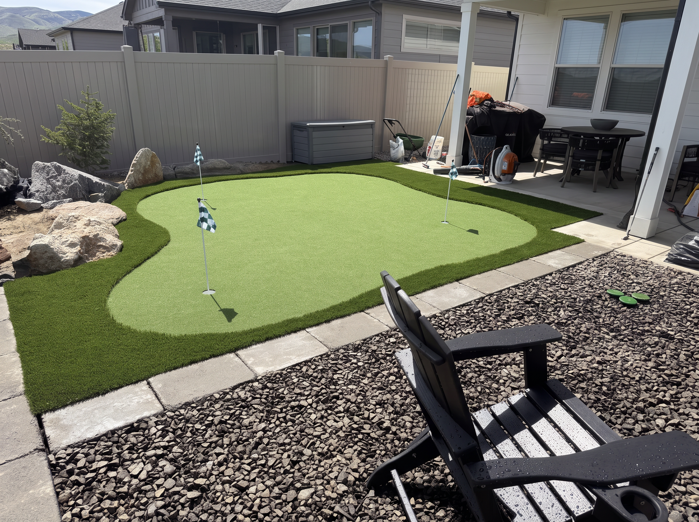 Backyard putting green with boulder border off the patio