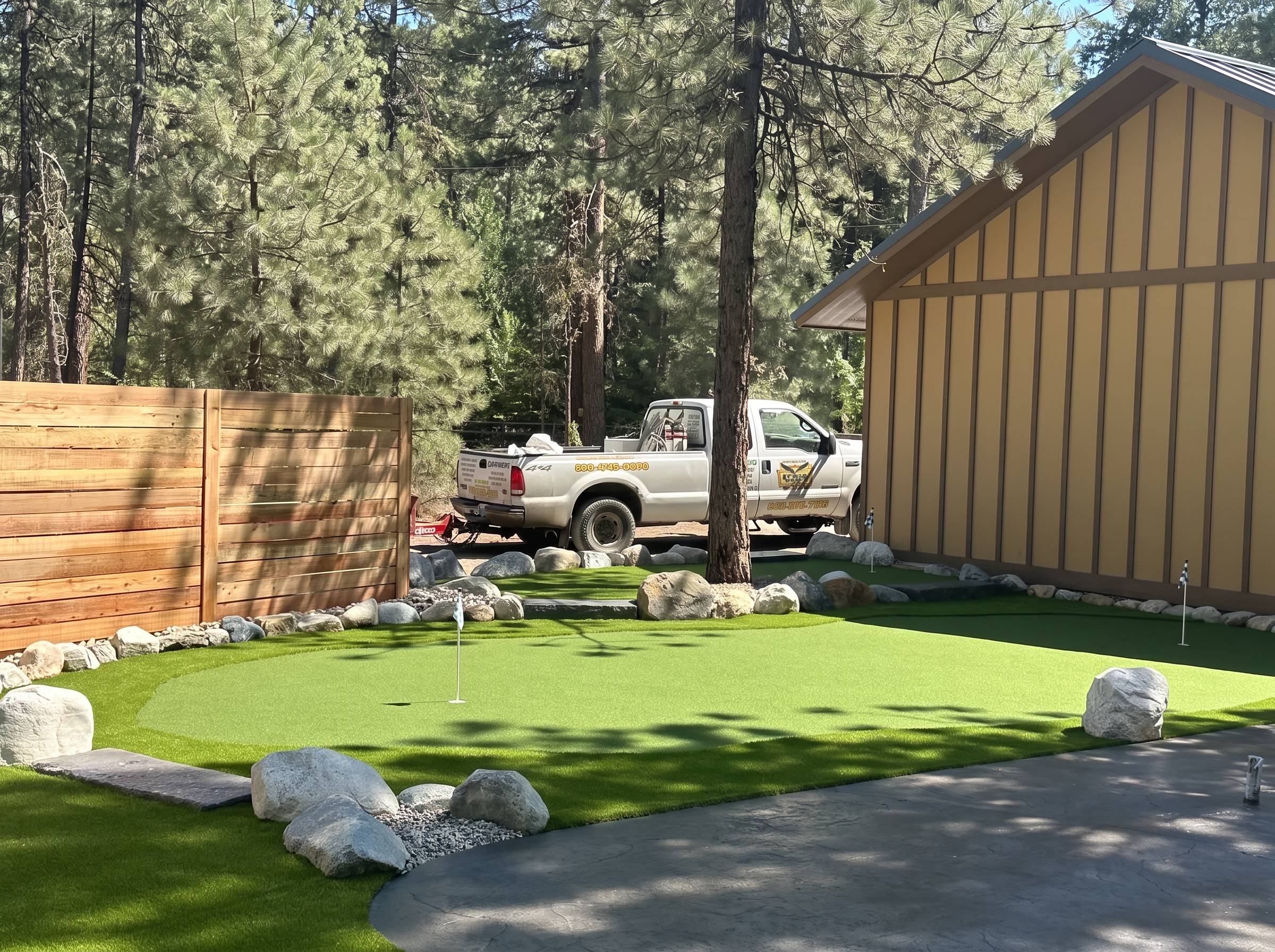 Putting green with boulder accents beside a cabin in the pines