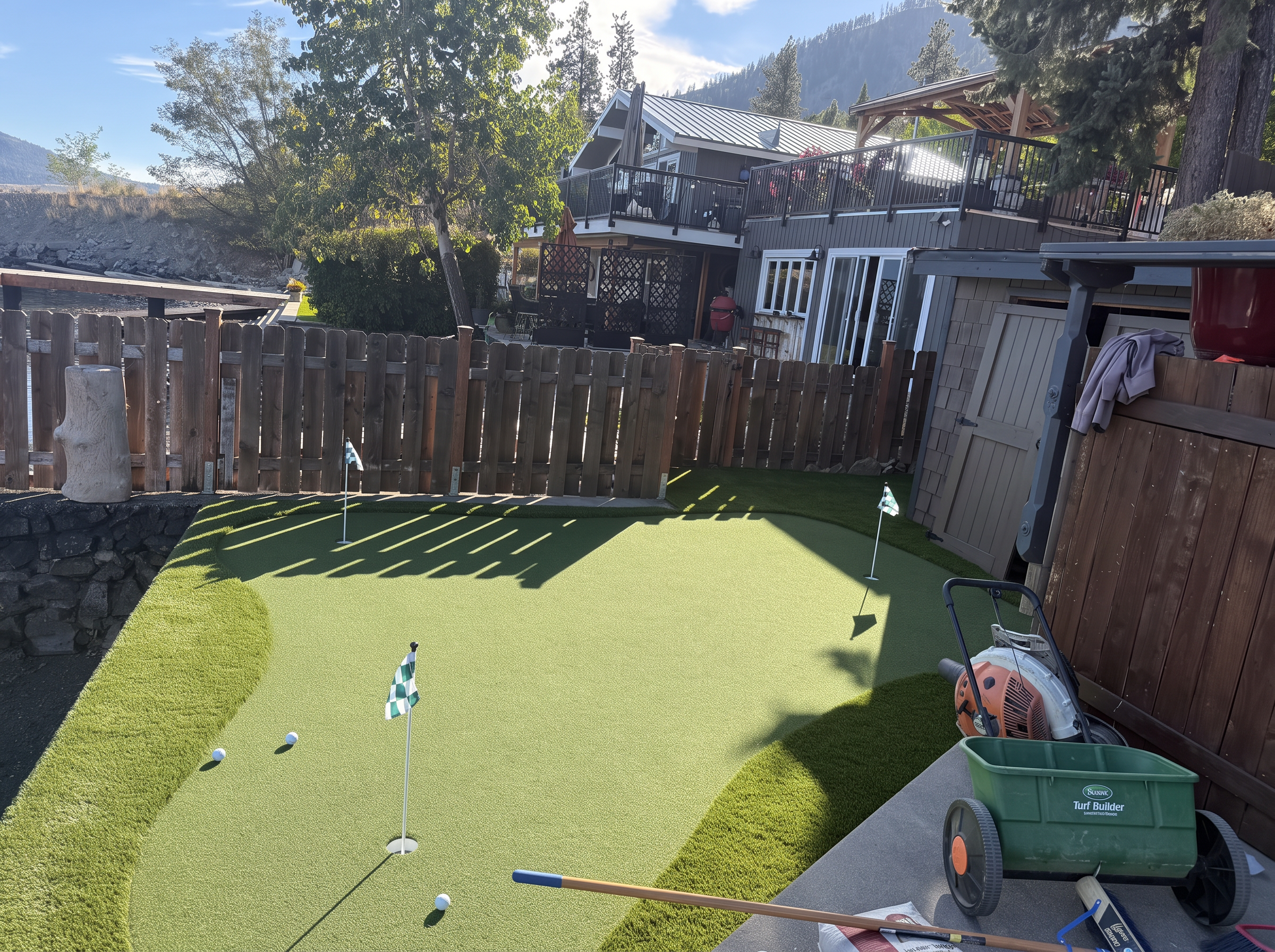 Finished backyard putting green with mountain views