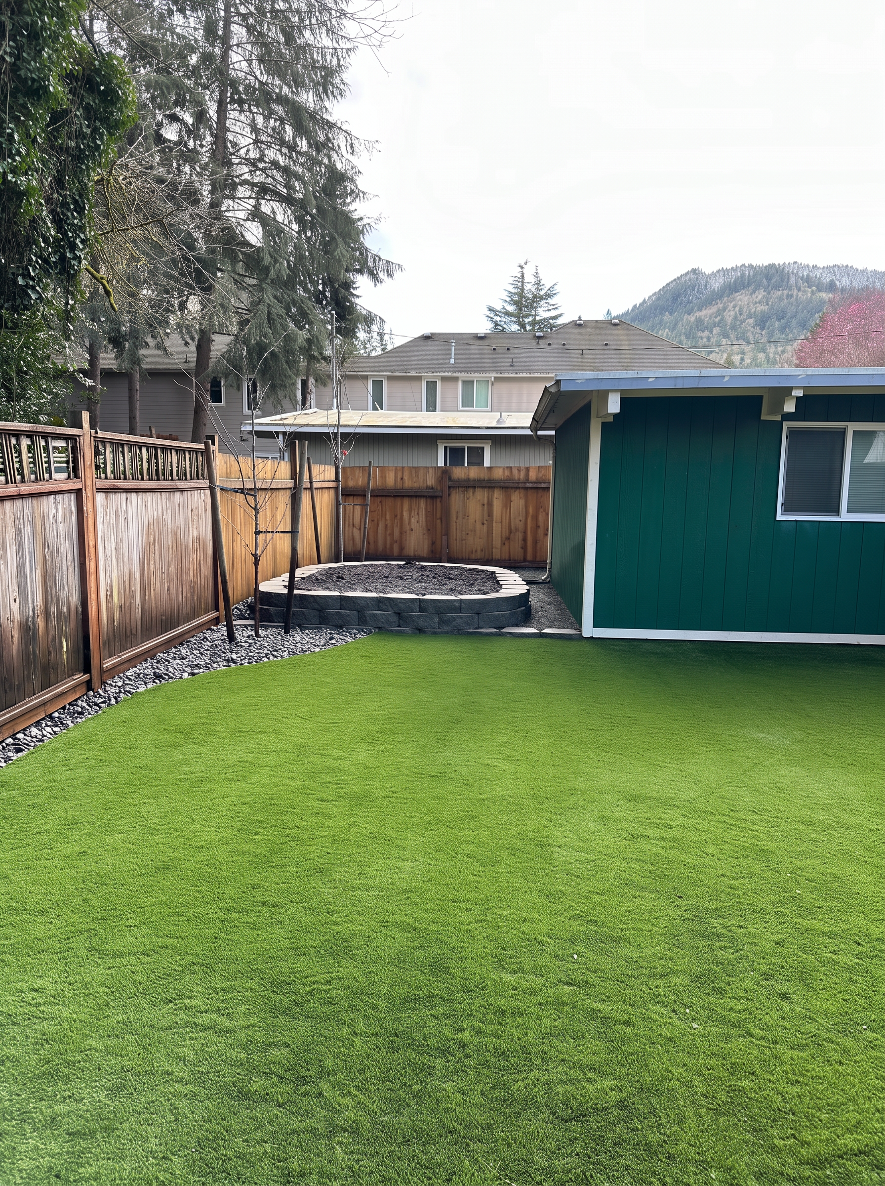 Artificial turf backyard beside a garden shed