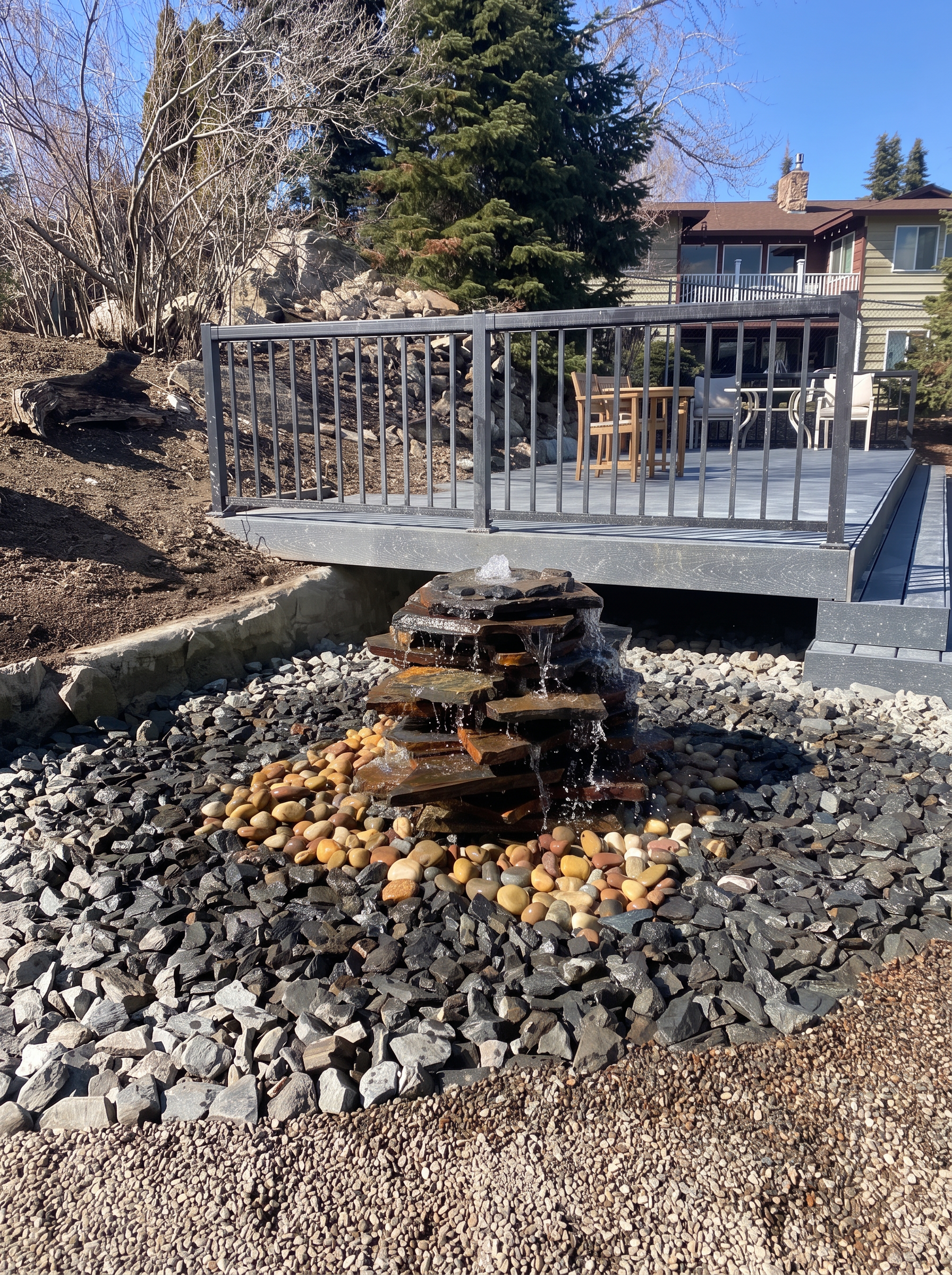 Custom bubbling rock fountain with a landscaped stream bed